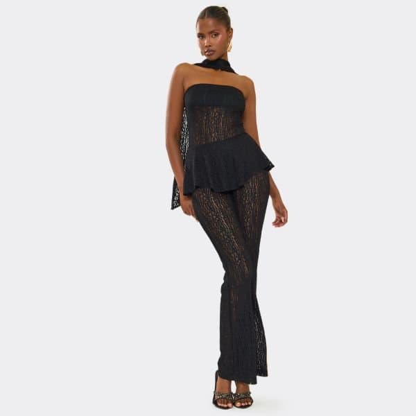 EGO Bandeau Scarf Detail Flared Leg Jumpsuit In Black Lace, Women's Size UK 6