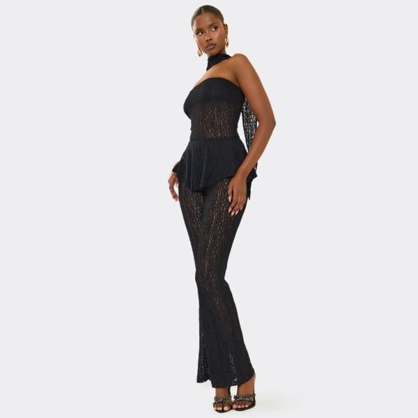 EGO Bandeau Scarf Detail Flared Leg Jumpsuit In Black Lace, Women's Size UK 6 - 2