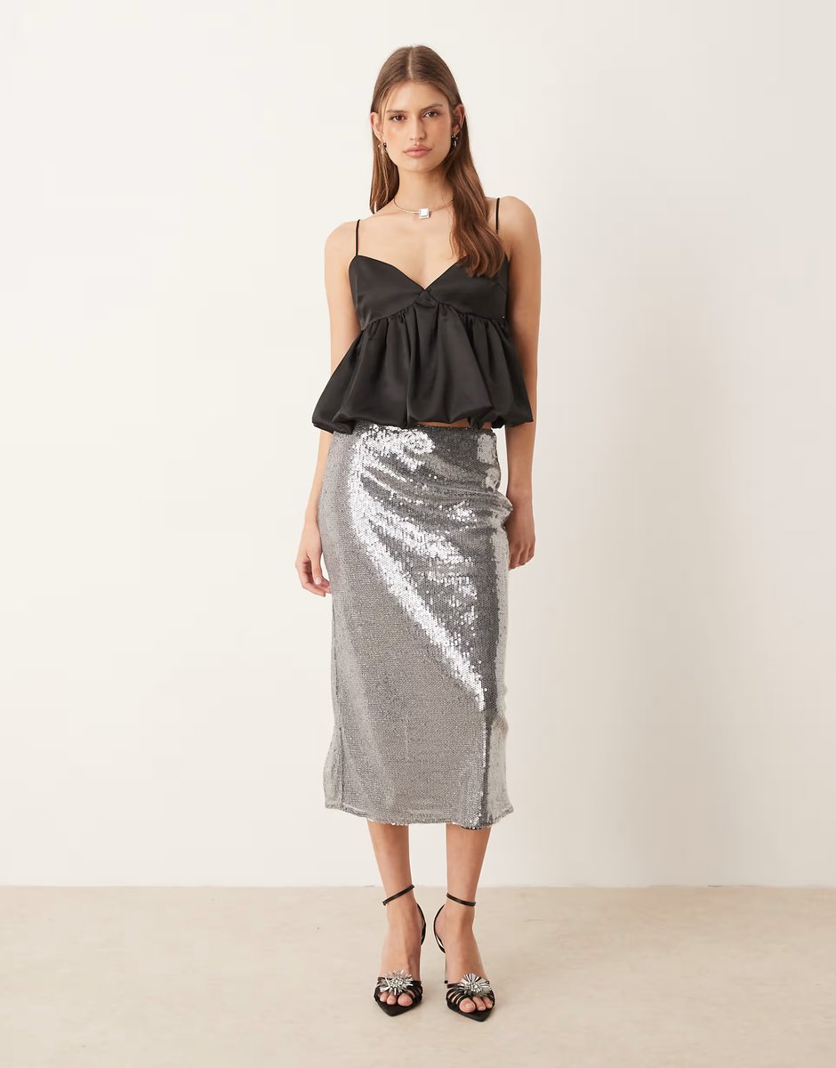 ASOS Mango micro sequin midi skirt in silver - 1