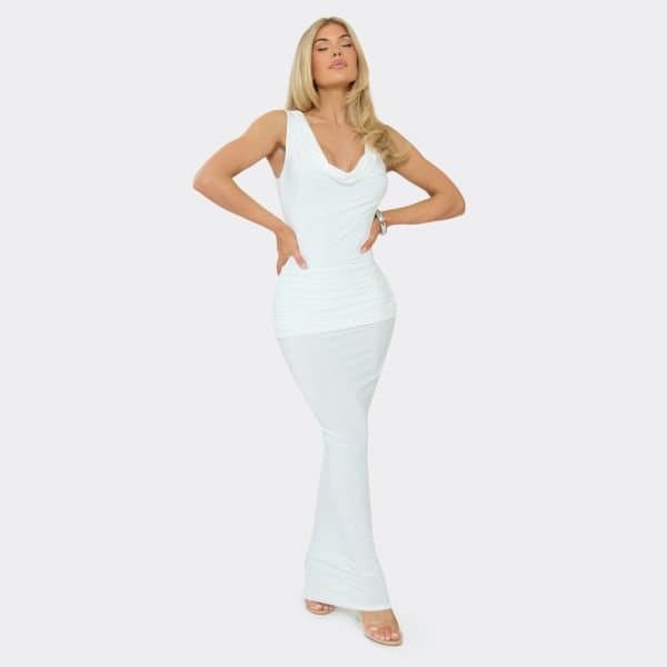 EGO COWL SQUARE NECK DETAIL MAXI DRESS IN WHITE, Women's Size UK 6