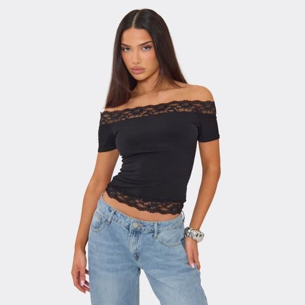 EGO EGO Off-Shoulder Lace Trim Top in Black