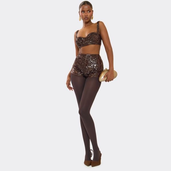 EGO Tailored Shorts In Brown Sequin, Women's Size UK 8 - 2