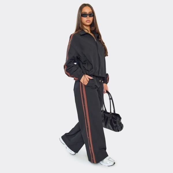 EGO Low Rise Contrast Stripe Popper Detail Trousers In Black Shell, Women's Size UK 6 - 1
