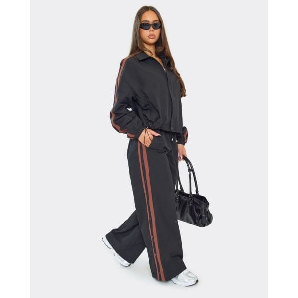 EGO Low Rise Contrast Stripe Popper Detail Trousers In Black Shell, Women's Size UK 6 - 2