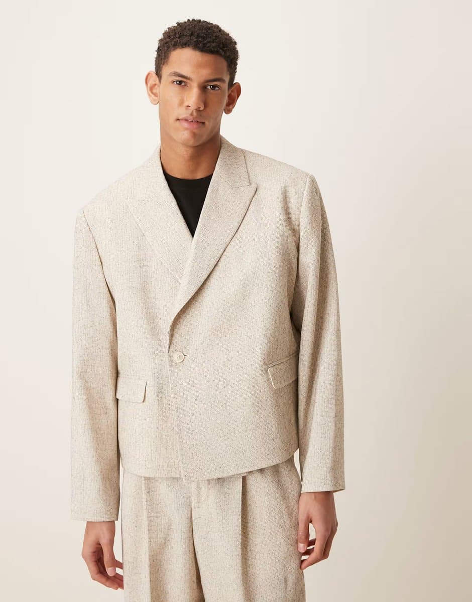 ASOS ASOS DESIGN Cream Double Breasted Boxy Cropped Suit Jacket