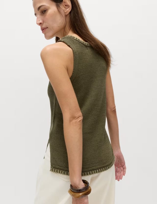 Marks & Spencer M&S Cotton Rich Textured Whipstitch Knitted Vest Dark Khaki - 3