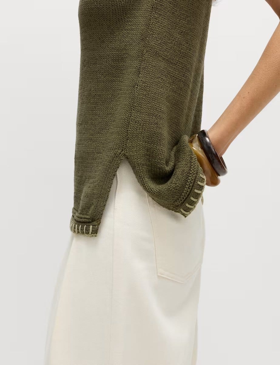 Marks & Spencer M&S Cotton Rich Textured Whipstitch Knitted Vest Dark Khaki - 4