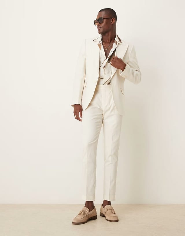 ASOS ASOS DESIGN linen blend skinny suit jacket in cream - CREAM - 3