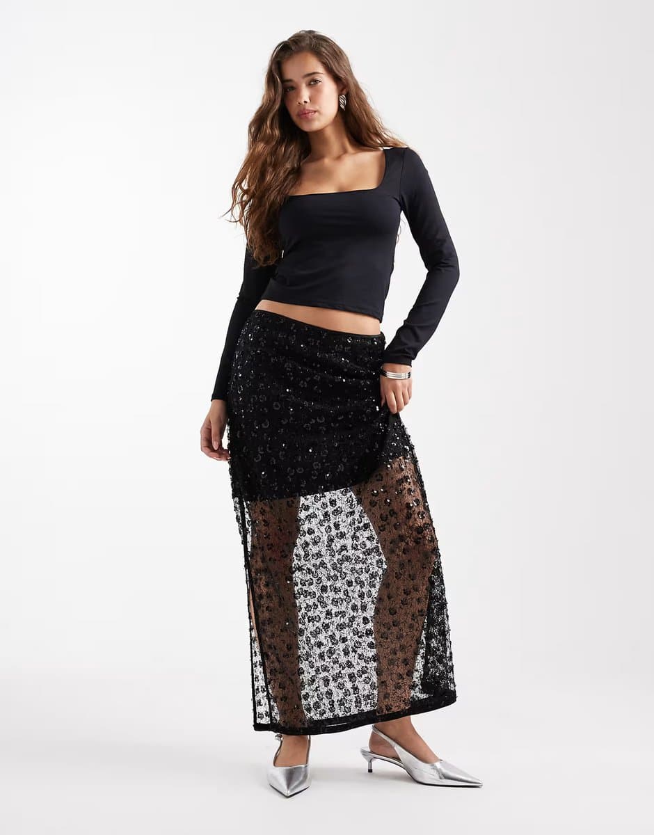 ASOS Object floral embellished sequin midi skirt in black