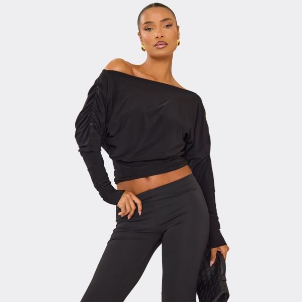 EGO Long Sleeve Asymmetric Slash Neck Top In Black Slinky, Women's Size UK 6 - 1