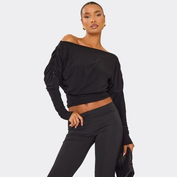 EGO EGO Long Sleeve Asymmetric Slash Neck Top in Black