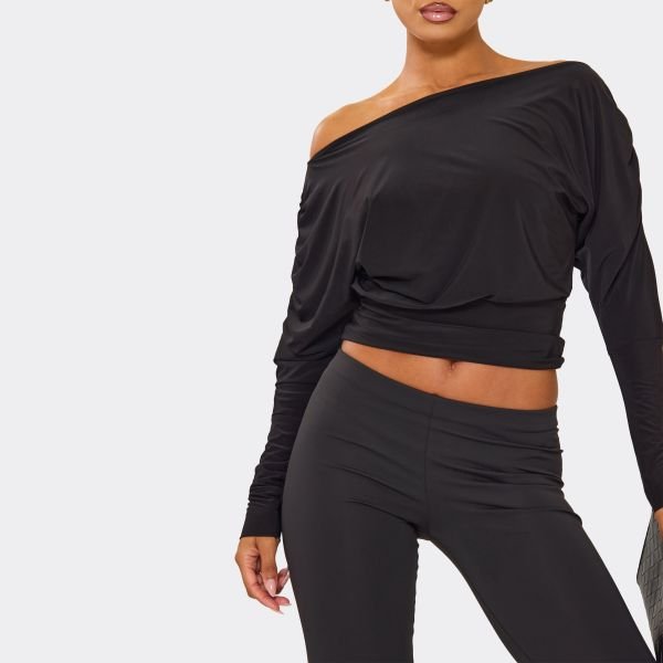 EGO Long Sleeve Asymmetric Slash Neck Top In Black Slinky, Women's Size UK 6 - 2