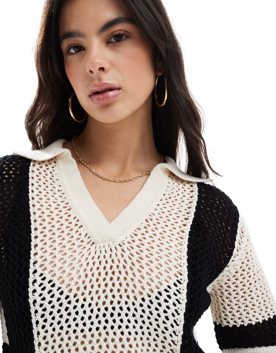 ASOS Brave Soul crochet knitted shirt in cream and black - 2