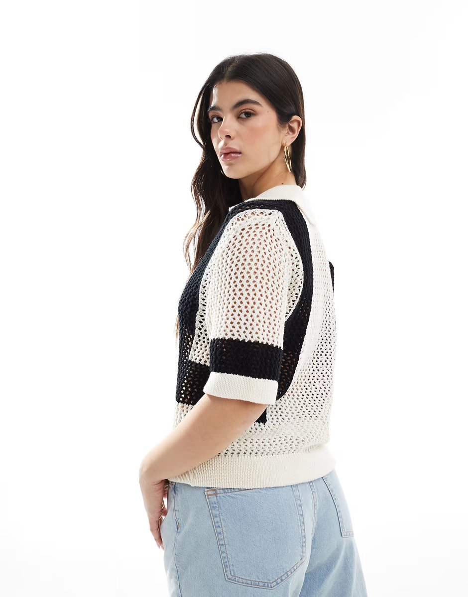 ASOS Brave Soul crochet knitted shirt in cream and black - 4