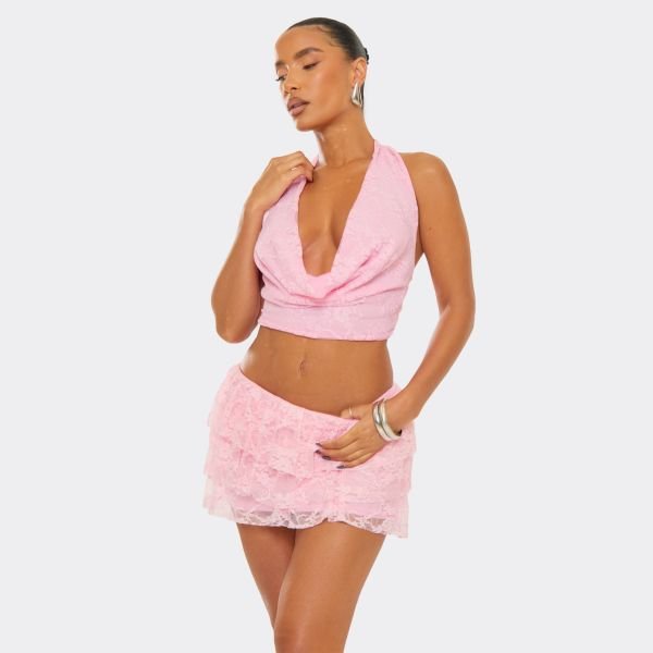 EGO Cowl Halterneck Tie Back Top In Pink Lace, Women's Size UK 8 - 1