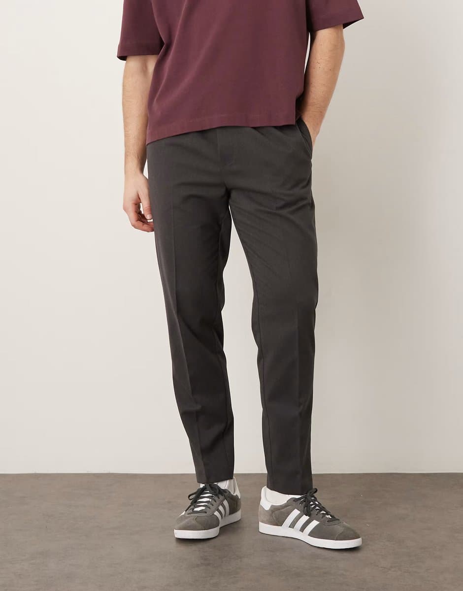 ASOS ASOS Smart Flannel Pull-On Tapered Trousers in Charcoal