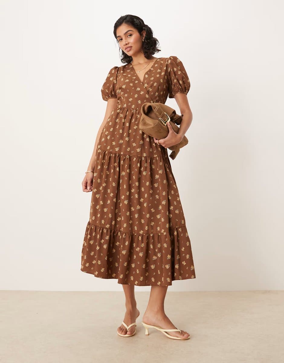 ASOS Glamorous short sleeve maxi wrap dress in brown ditsy floral