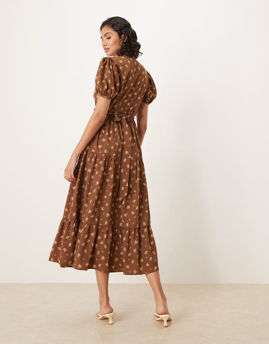 ASOS Glamorous short sleeve maxi wrap dress in brown ditsy floral - 4