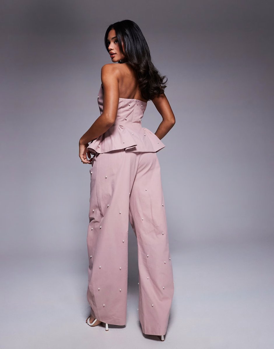ASOS ASOS LUXE co-ord pearl embellished cotton twill barrel trouser in pink - 3