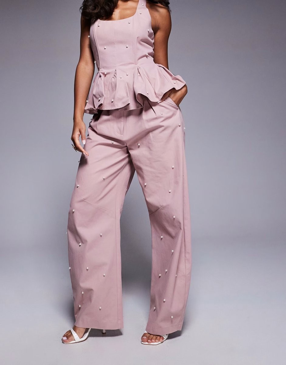 ASOS ASOS LUXE co-ord pearl embellished cotton twill barrel trouser in pink - 4