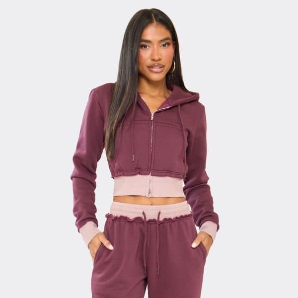 EGO Contrast Distressed Detail Cropped Zip Up Hoodie In Plum, Women's Size UK 6