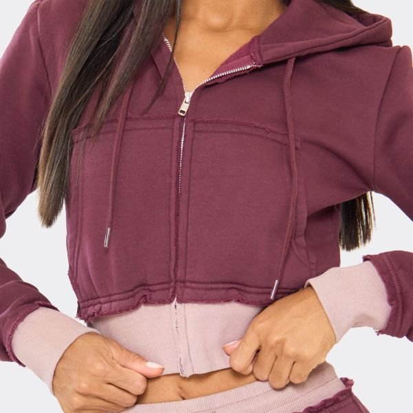 EGO Contrast Distressed Detail Cropped Zip Up Hoodie In Plum, Women's Size UK 6 - 2