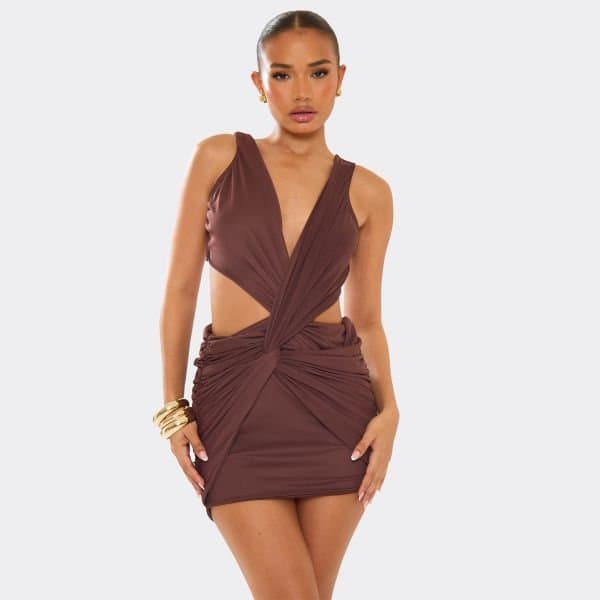 EGO Cross Over Cut Out Knot Detail Mini Dress In Brown, Women's Size UK 6