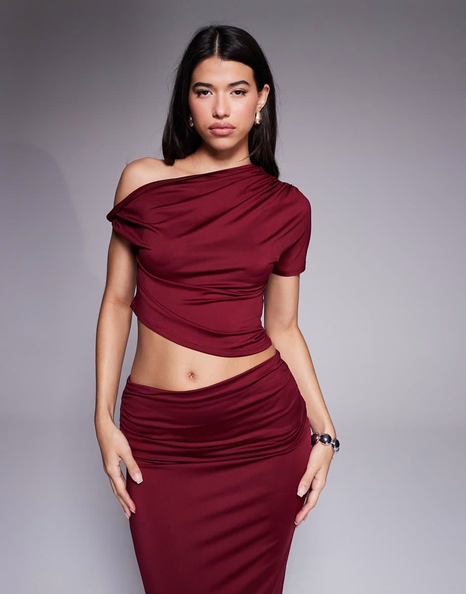 ASOS The Frolic exclusive double sculpted slinky off shoulder twist detail asymmetric crop  top co-ord in burgundy