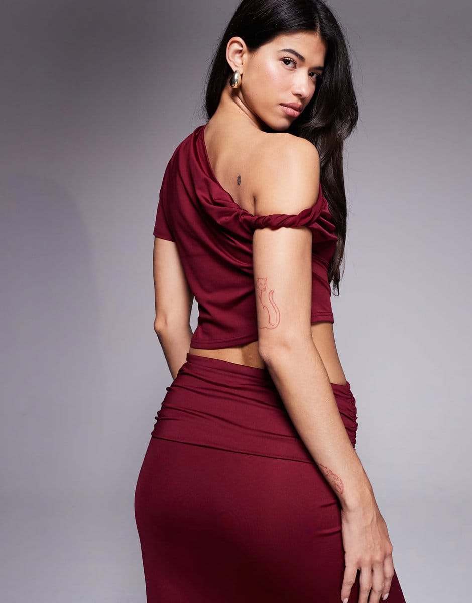 ASOS The Frolic exclusive double sculpted slinky off shoulder twist detail asymmetric crop  top co-ord in burgundy - 4