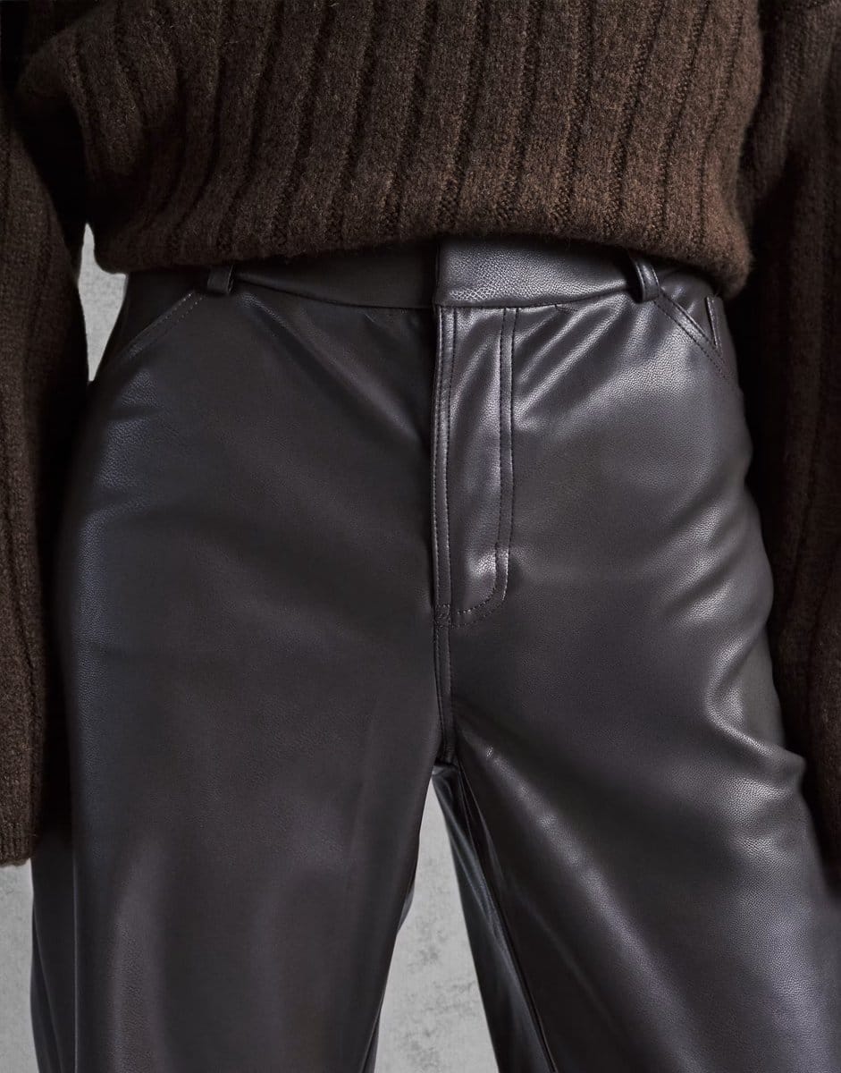 ASOS Princess Polly Sixth Sense faux leather straight leg trousers in brown - 4