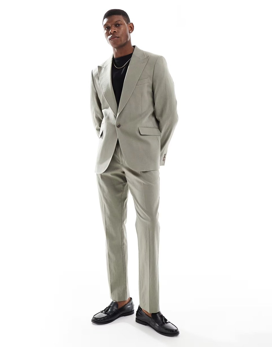 ASOS ASOS DESIGN linen blend slim suit jacket in khaki - 1