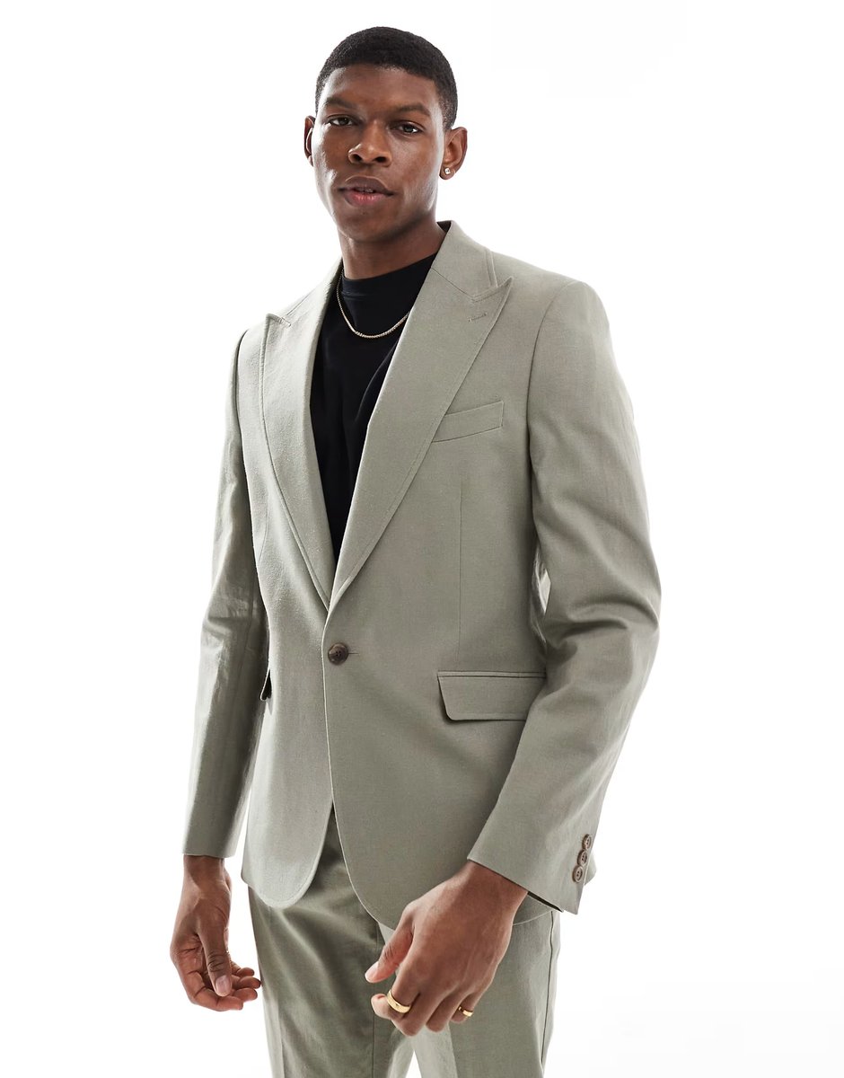 ASOS ASOS DESIGN linen blend slim suit jacket in khaki - 2
