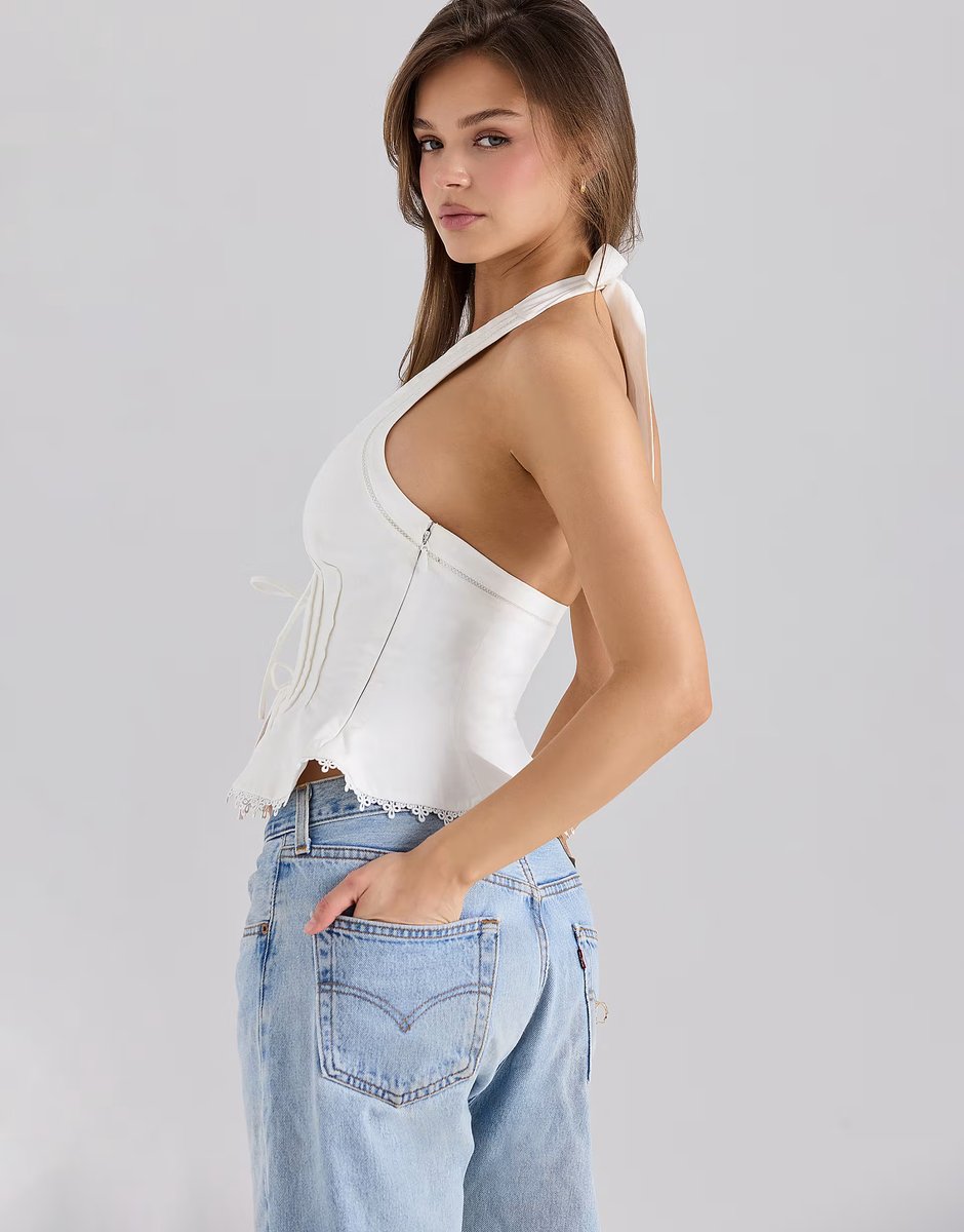 ASOS House of CB Elana stretch cotton halter neck corset top in white - 3