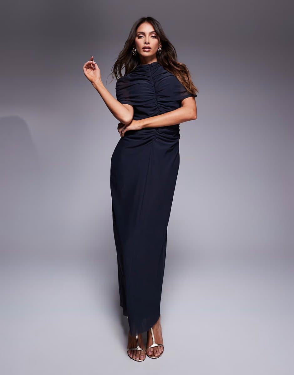 ASOS ASOS DESIGN double layer mesh high neck maxi dress with sheer panel in navy