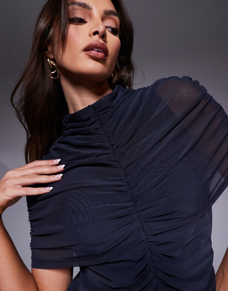 ASOS ASOS DESIGN double layer mesh high neck maxi dress with sheer panel in navy - 2