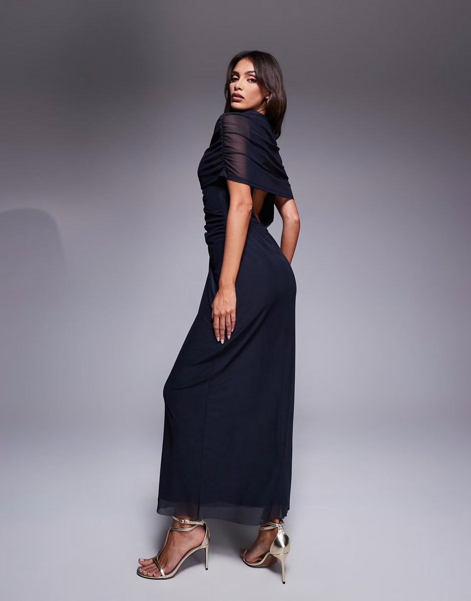 ASOS ASOS DESIGN double layer mesh high neck maxi dress with sheer panel in navy - 3