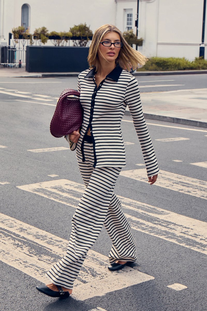 Kaiia Kaiia Striped Rib Button Down Top Black & White - 2