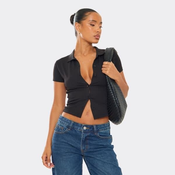 EGO EGO Chic Short Sleeve Button Down T-Shirt in Black