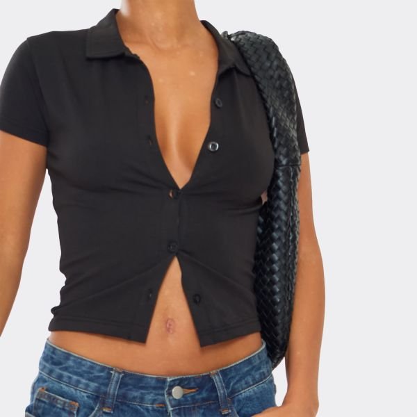 EGO Short Sleeve Button Down T-Shirt In Black, Women's Size UK 16 - 2