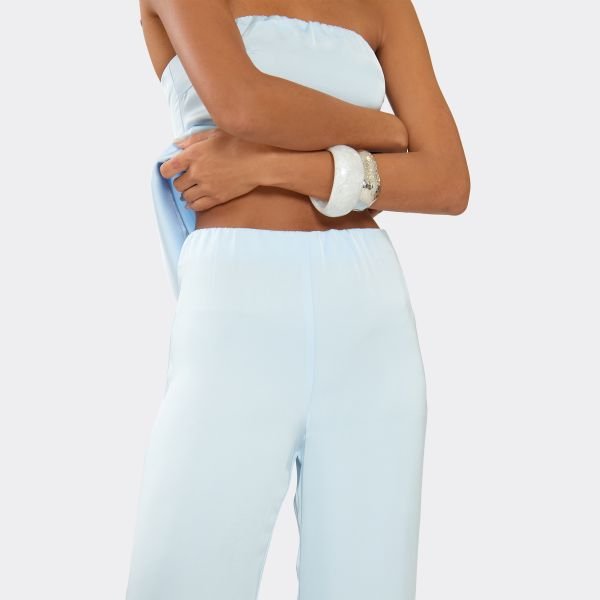 EGO Mid Rise Wide Leg Floaty Trousers In Baby Blue Satin, Women's Size UK Large L - 2