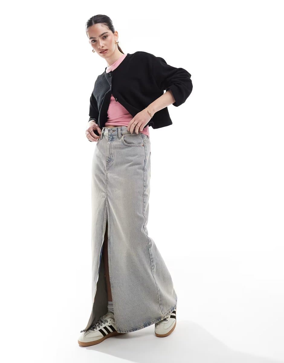 ASOS Dr Denim Myra midi denim skirt with front split in canyon light vintage wash