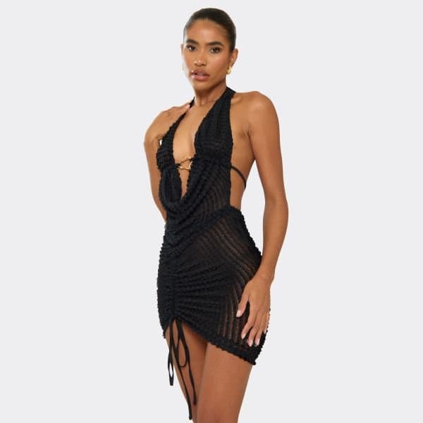 EGO Cowl Neck Ring Trim Detail Ruched Mini Dress In Black Textured, Women's Size UK 6