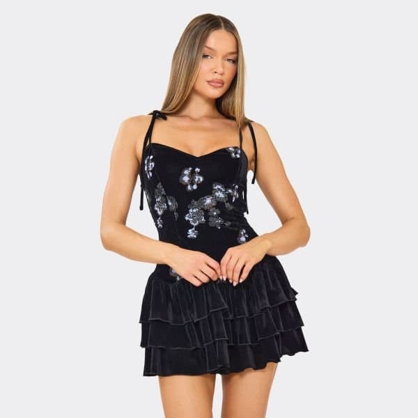 EGO Tie Shoulder Floral Sequin Layered Hem Detail Mini Dress In Black Velvet, Women's Size UK 6