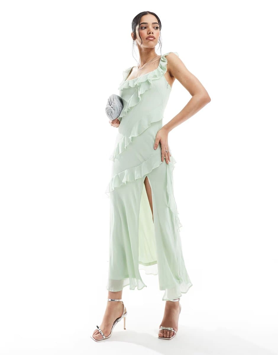 ASOS New Look ruffle asymmetric midi dress in green