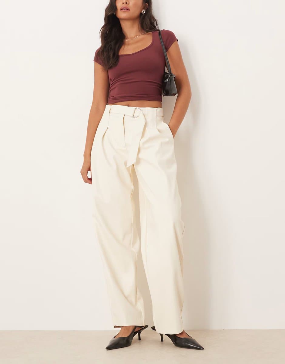 ASOS ASOS Faux Leather Barrel Leg Trousers with Belt in Bone