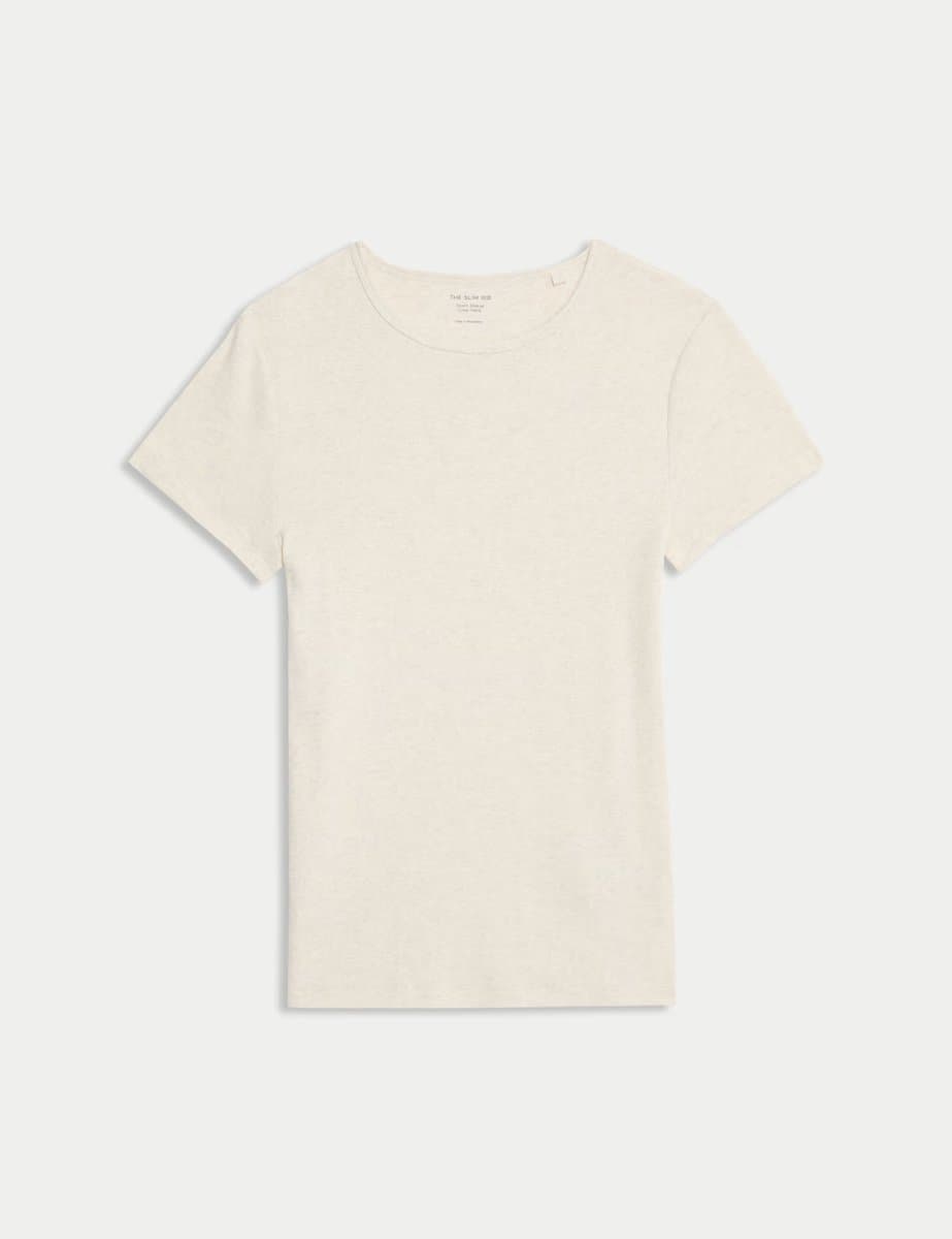 Marks & Spencer M&S Slim Fit Cotton Rich Ribbed T-Shirt in Beige Marl