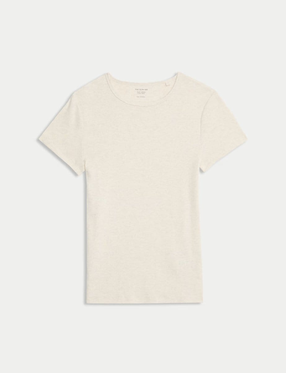 Marks & Spencer M&S Cotton Rich Ribbed Slim Fit T-Shirt Beige Marl - 1