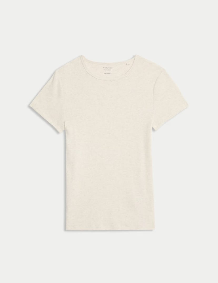 Marks & Spencer M&S Cotton Rich Ribbed Slim Fit T-Shirt Beige Marl - 1