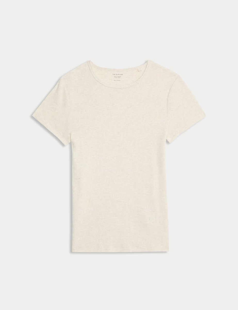 Marks & Spencer M&S Cotton Rich Ribbed Slim Fit T-Shirt Beige Marl - 2
