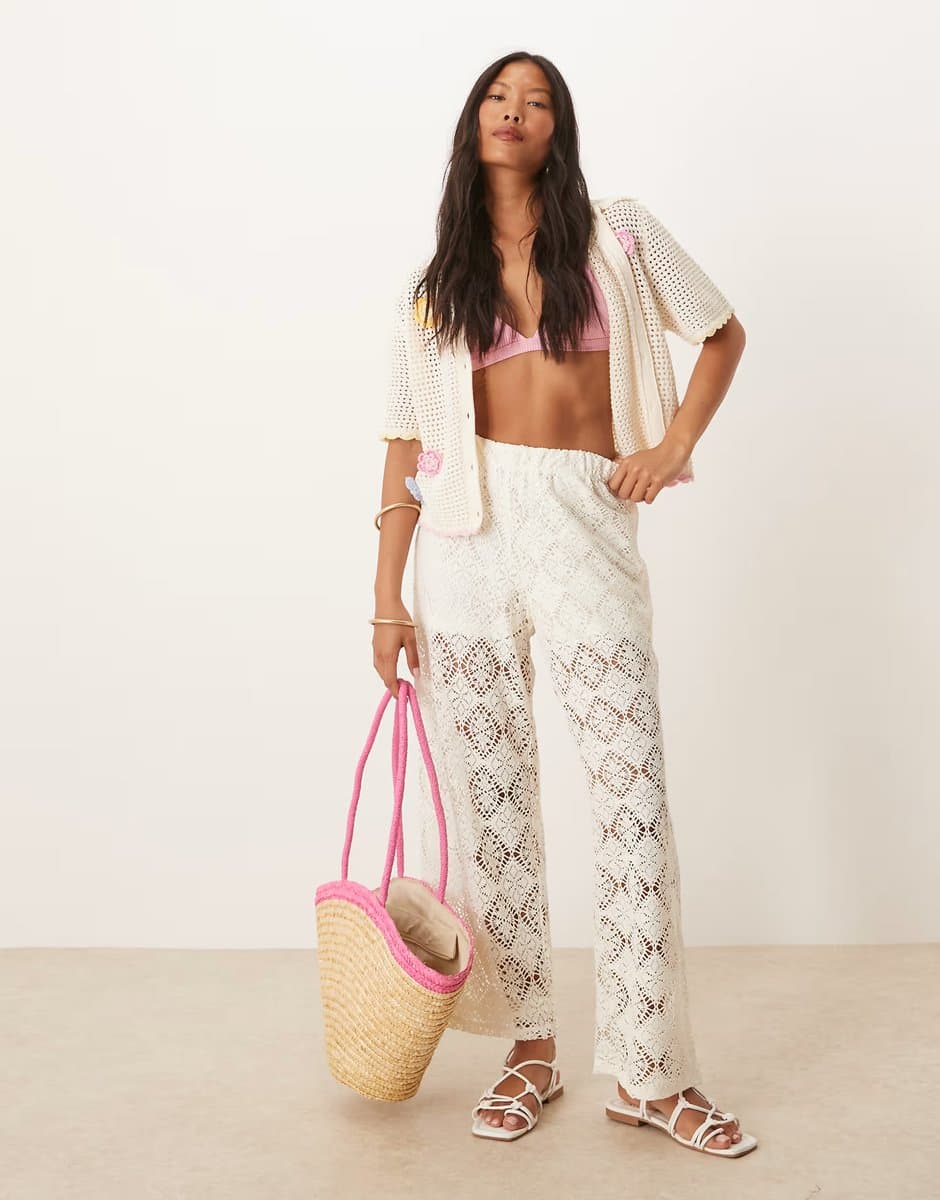ASOS JDY Petite crochet wide leg trousers with short insert in white